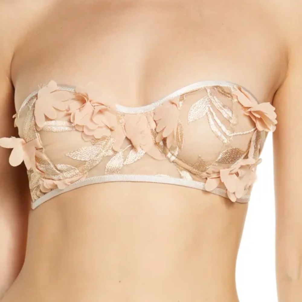 SUZY BLACK Sadie Floral Appliqué Strapless Underwire Balconette Bra, SIZE 40 D